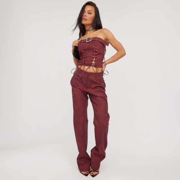 High Waist Lace Up Detail Straight Leg Trousers In Burgundy Faux Leather, Women’s Size UK Small S