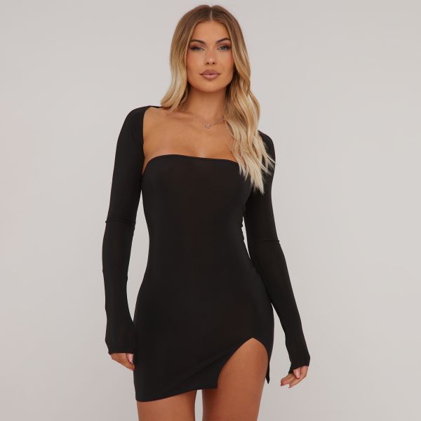 Bandeau Split Detail Mini Bodycon Dress With Bolero Sleeves In Black Slinky, Women’s Size UK 14