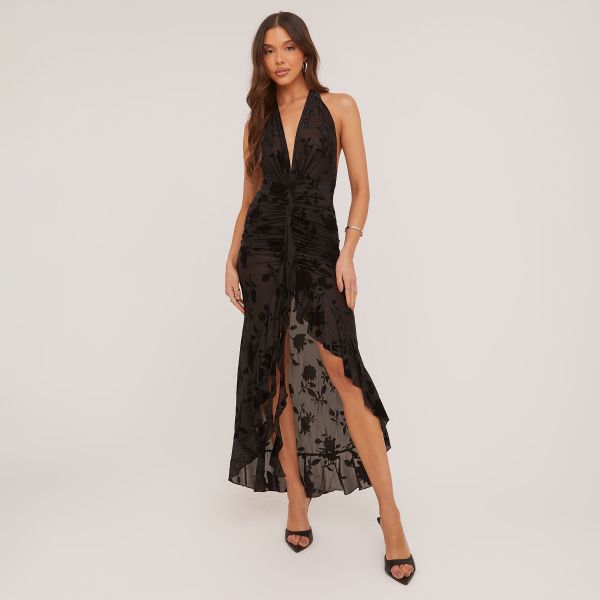 Plunge Halterneck Frill Detail Maxi Dress In Black Floral, Women’s Size UK 12
