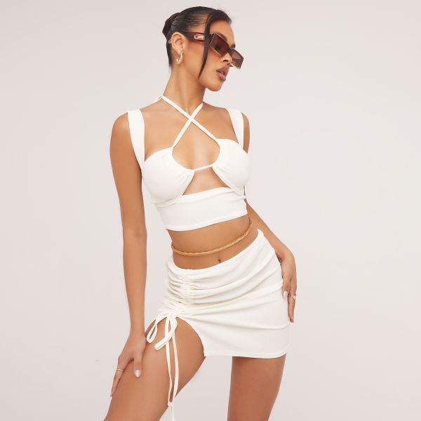 Strappy Cut Out Detail Textured Bralet In Cream, Women’s Size UK 8