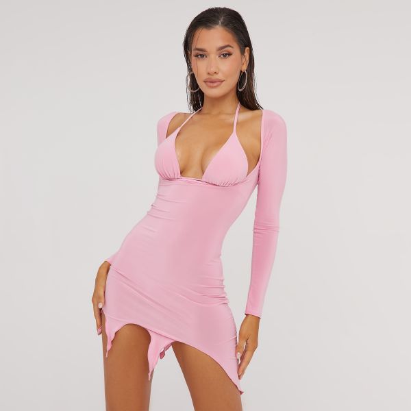 Long Sleeve Triangle Bra Cut Out Wave Hem Detail Mini Bodycon Dress In Pink Slinky, Women’s Size UK 8