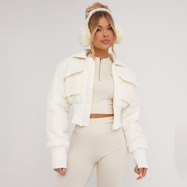 Pocket Detail Cinched Waist Cropped Padded Puffer Coat In Cream, Women’s Size UK 6