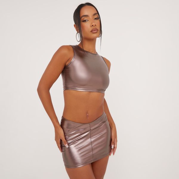 Sleeveless Crop Top And V Waist Mini Bodycon Skirt Co-Ord Set In Bronze Metallic, Women’s Size UK Medium M