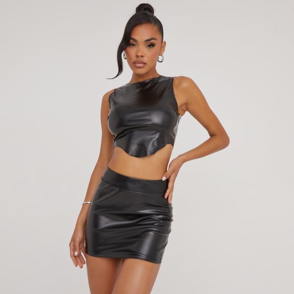 Sleeveless Dipped Hem Detail Crop Top And High Waist Mini Bodycon Skirt Co-Ord Set In Black Faux Leather, Women’s Size UK Small S