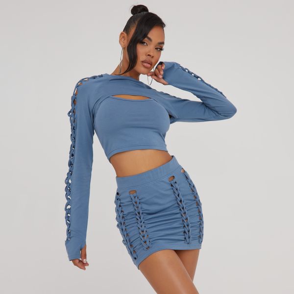 Strappy Crop Top And Ladder Detail Bolero Sleeves In Blue, Women’s Size UK 10