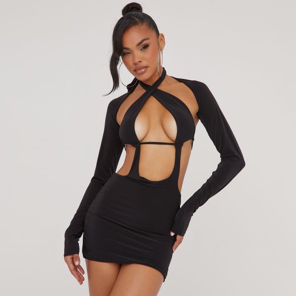Halterneck Cut Out Bralet Detail Double Layered Mini Bodycon Dress In Black Slinky, Women’s Size UK 14