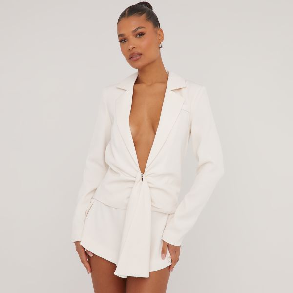 Drape Front Detail Flippy Hem Blazer Dress In Cream Woven, Women’s Size UK 10