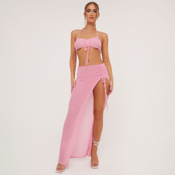 High Waist Ruched Detail Side Split Textured Maxi Skirt In Pink, Women’s Size UK 10