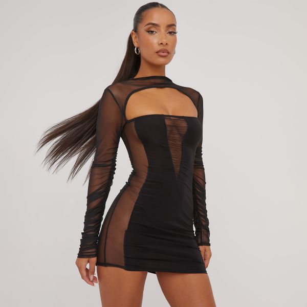 Long Sleeve Cut Out Front Detail Mesh Panelled Mini Bodycon Dress In Black, Women’s Size UK 12