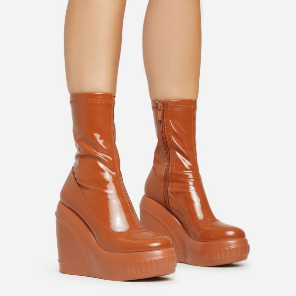 Super-Nova Platform Wedge Ankle Sock Boot In Tan Brown Patent, Women’s Size UK 5