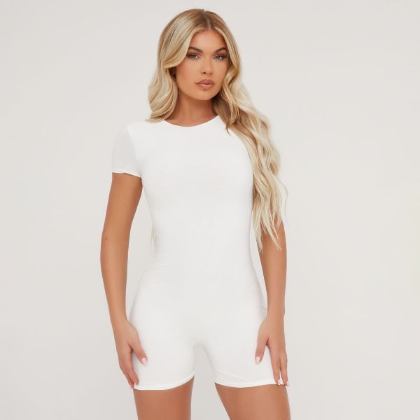 Capped Sleeve Playsuit In White Slinky, Women’s Size UK 10