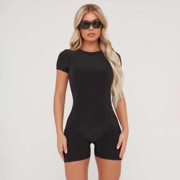 Capped Sleeve Playsuit In Black Slinky, Women’s Size UK 12