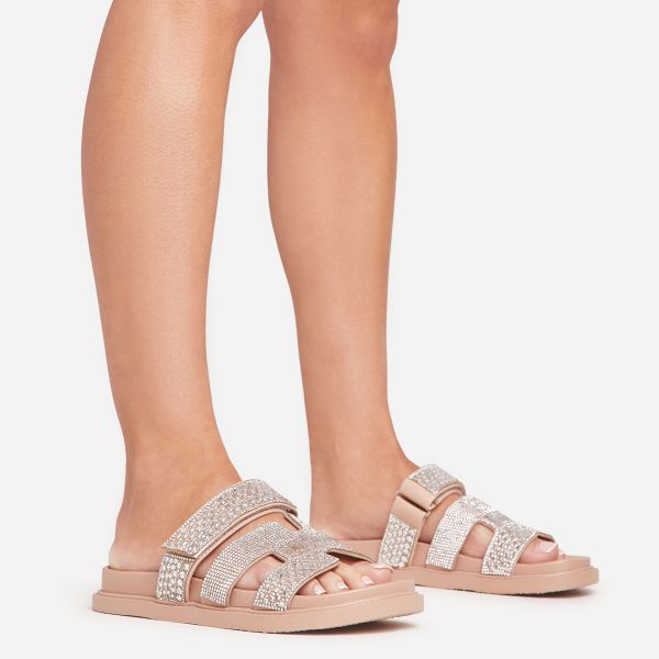 Daughter Diamante Gem Detail Gladiator Velcro Strap Flat Slider Sandal In Nude Faux Leather, Women’s Size UK 8