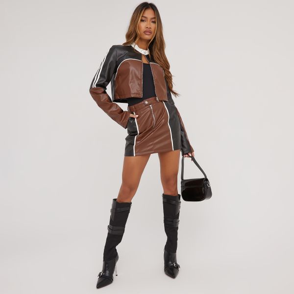 High Waist Zip Front Motocross Colour Block Detail Mini Skirt In Brown Faux Leather, Women’s Size UK 6