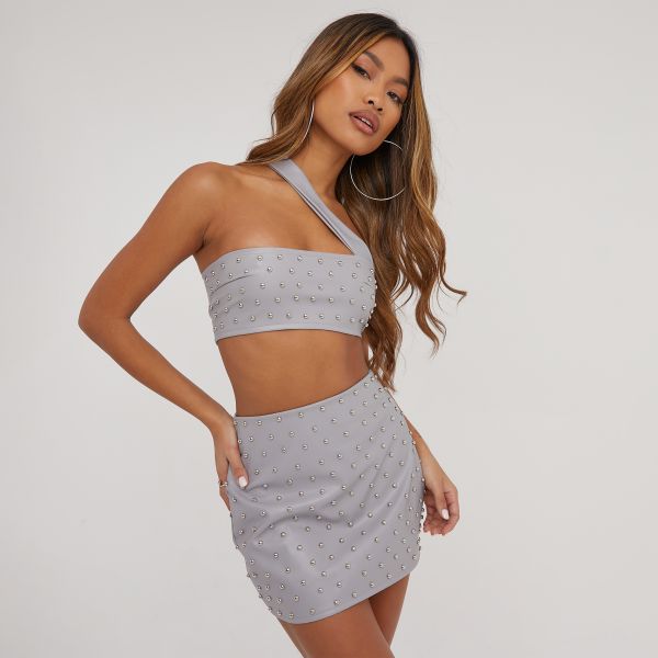 One Shoulder Studded Detail Crop Top In Grey Faux Leather, Women’s Size UK 8