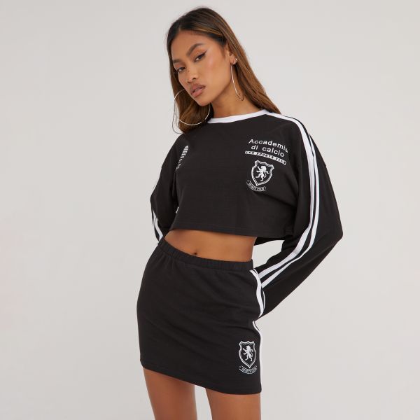 Contrast Stripe Detail Mini Bodycon Football Skirt In Black, Women’s Size UK 14