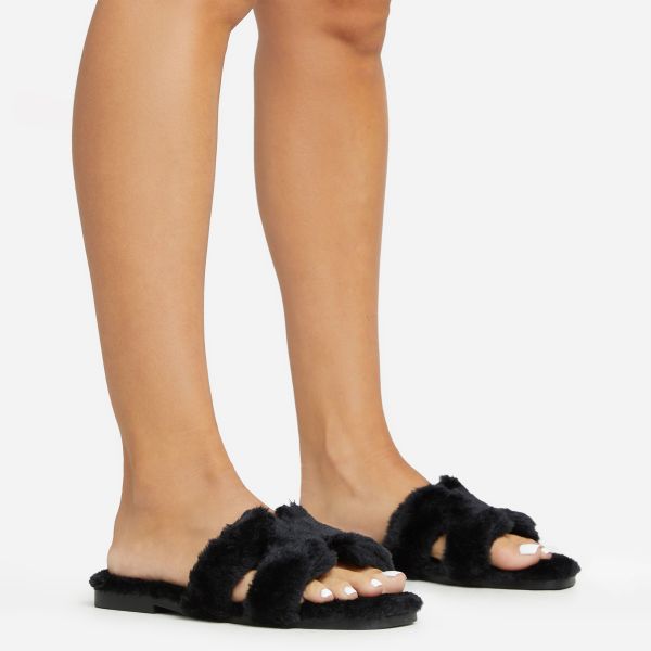 Maddison Caged Detail Flat Slider Sandal In Black Faux Fur, Women’s Size UK 7