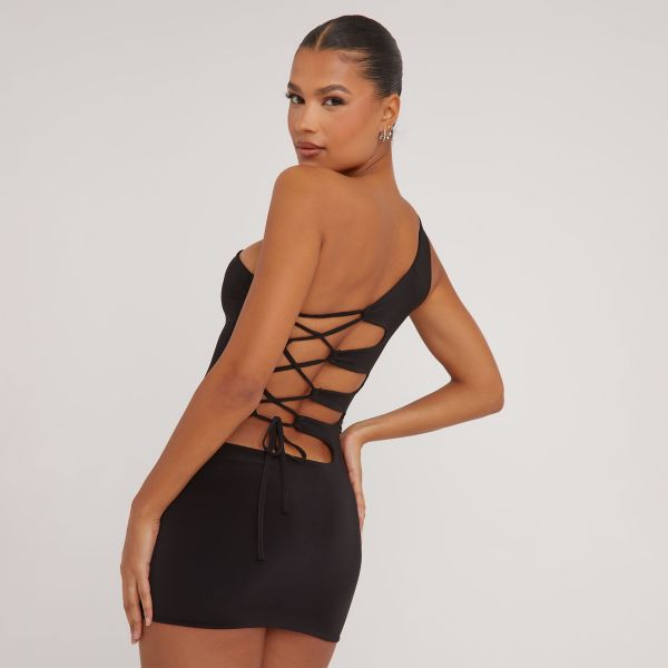 One Shoulder Lace Up Back Detail Mini Bodycon Dress In Black Slinky, Women’s Size UK 12