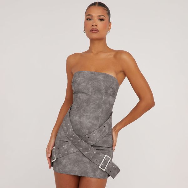 Bandeau Multi Buckle Detail Mini Dress In Grey Acid Wash Faux Leather, Women’s Size UK Small S