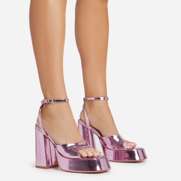 Norra Ankle Strap Open Peep Toe Platform Block Heel In Pink Patent, Women’s Size UK 4