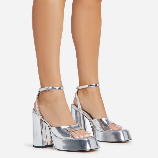Norra Ankle Strap Open Peep Toe Platform Block Heel In Silver Patent, Women’s Size UK 6