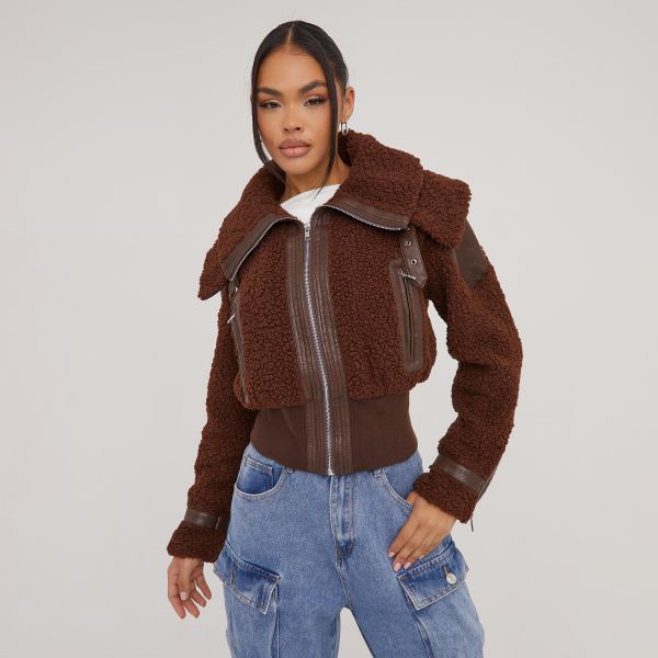 Cinched Waist Detail Cropped Aviator Jacket In Brown Borg, Women’s Size UK 14