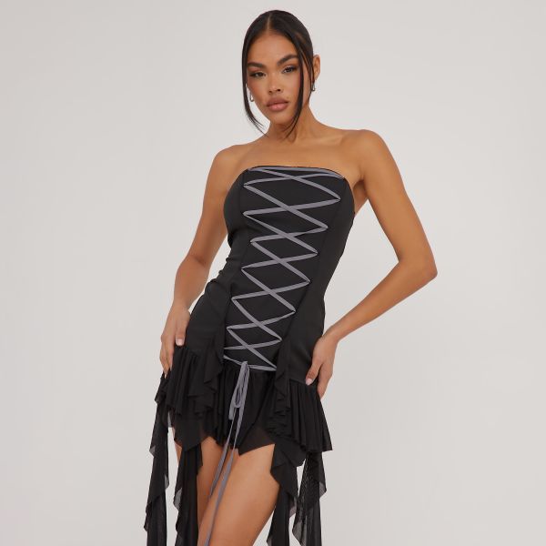 Bandeau Lace Up Front Frill Detail Mini Dress In Black Chiffon, Women’s Size UK 12