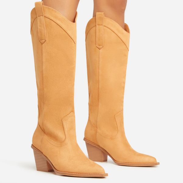 El-Paso Pointed Toe Block Heel Western Cowboy Knee High Long Boot In Tan Brown Faux Suede, Women’s Size UK 3
