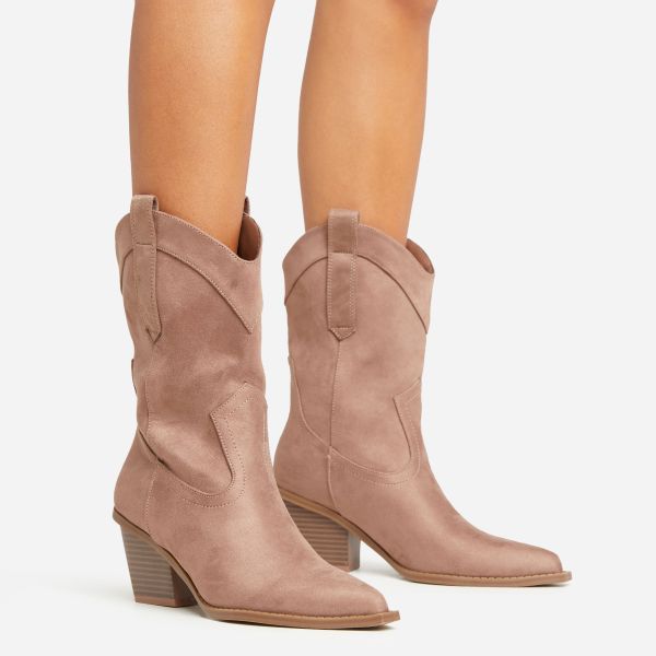 Houston Pointed Toe Block Heel Western Cowboy Ankle Boot In Taupe Faux Suede, Women’s Size UK 5