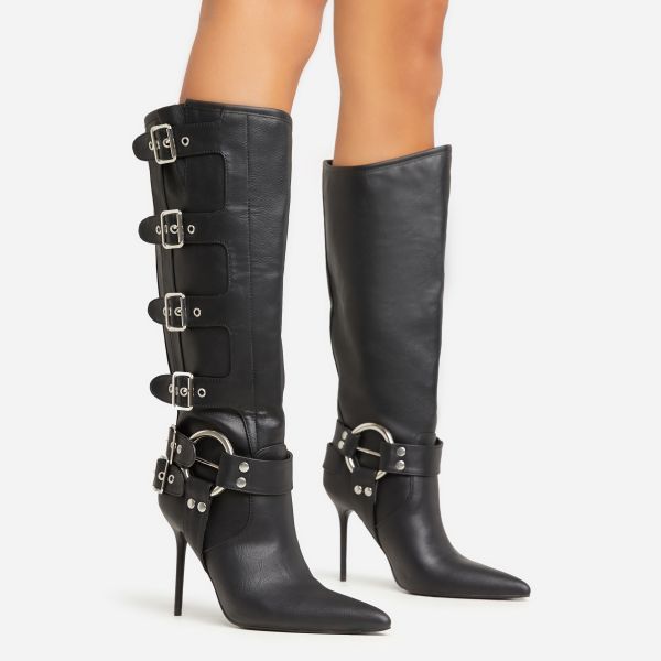 Rockstar Buckle Ring Detail Pointed Toe Stiletto Heel Mid Calf Biker Boot In Black Faux Leather, Women’s Size UK 7