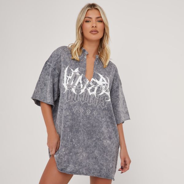 Oversized V Neck ’Lovers’ Graphic Slogan Print Sweater Dress In Grey Acid Wash, Women’s Size UK 8