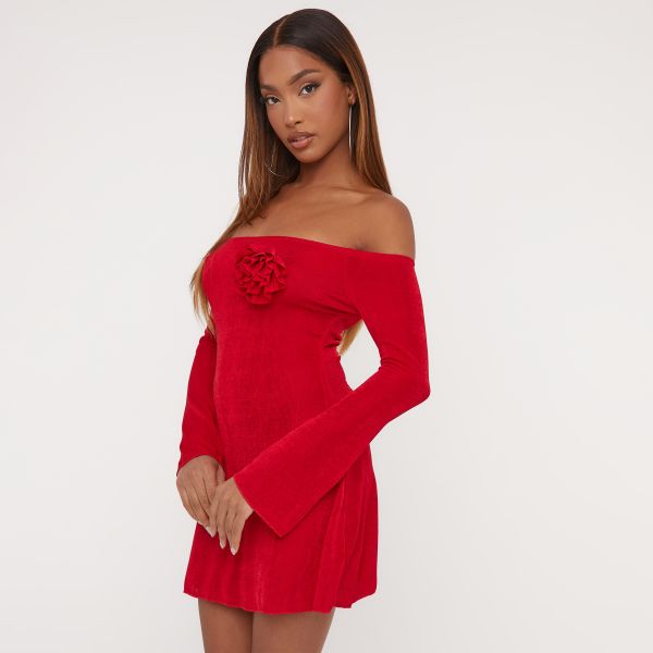 Bardot Rose Detail Flippy Hem Mini Dress In Red Slinky, Women’s Size UK Medium M