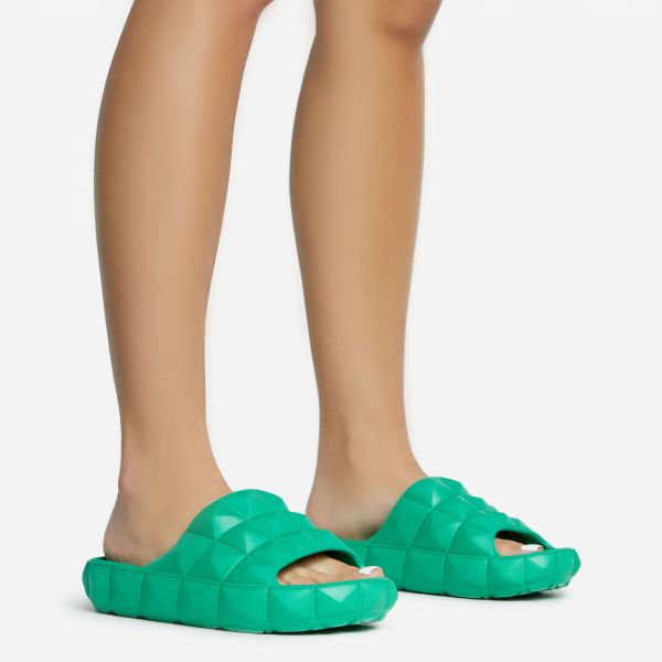 Serving-Roma 3D Detail Slip On Flat Slider Sandal In Green Rubber, Women’s Size UK 4