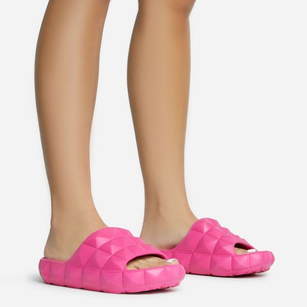 Serving-Roma 3D Detail Slip On Flat Slider Sandal In Fuchsia Pink Rubber, Women’s Size UK 5