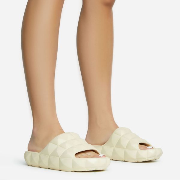 Serving-Roma 3D Detail Slip On Flat Slider Sandal In Cream Rubber, Women’s Size UK 5