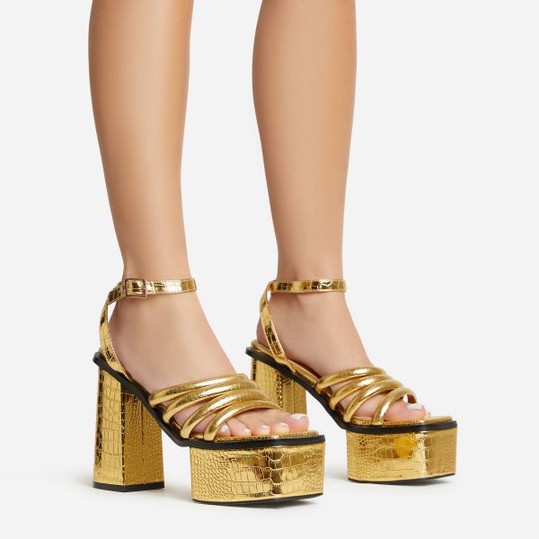 Perocious Strappy Square Toe Platform Block Heel In Gold Croc Print Faux Leather, Women’s Size UK 5