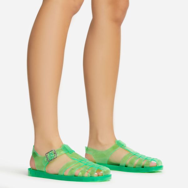 Dear-Diary Strappy Detail Closed Toe Jelly Style Flat Sandal In Green Rubber, Women’s Size UK 5