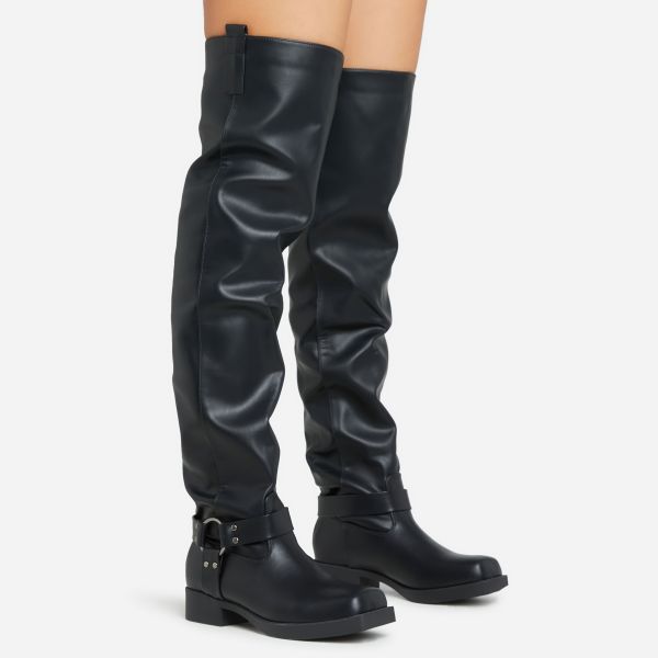Free-Rider Ring Detail Square Toe Over The Knee Thigh High Boot In Black Faux Leather, Women’s Size UK 6