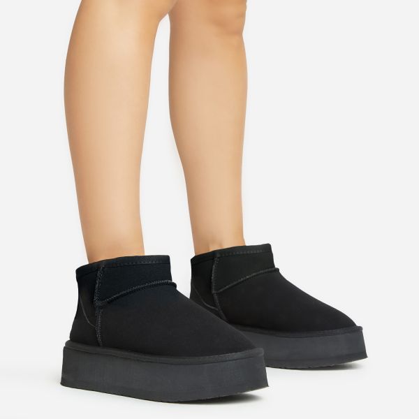 Pumpkin Platform Sole Faux Fur Lining Ultra Mini Ankle Boot In Black Faux Suede, Women’s Size UK 7
