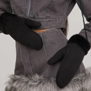 black mittens next to grey skirt