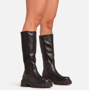 Lord Chunky Sole Mid Calf Chelsea Biker Boot In Black Faux Leather