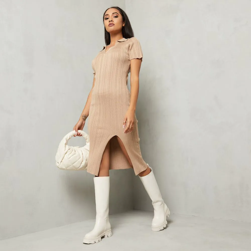 Model Wearing Nude Midi Dress with Chunky White Boots