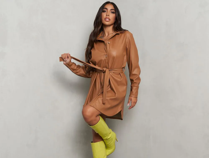 Model in Tan Dress with Lime Green Boots