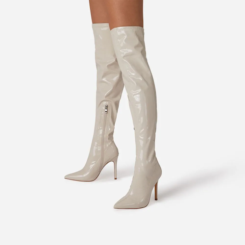 Pointed Toe Heeled Knee High Boots in Cream