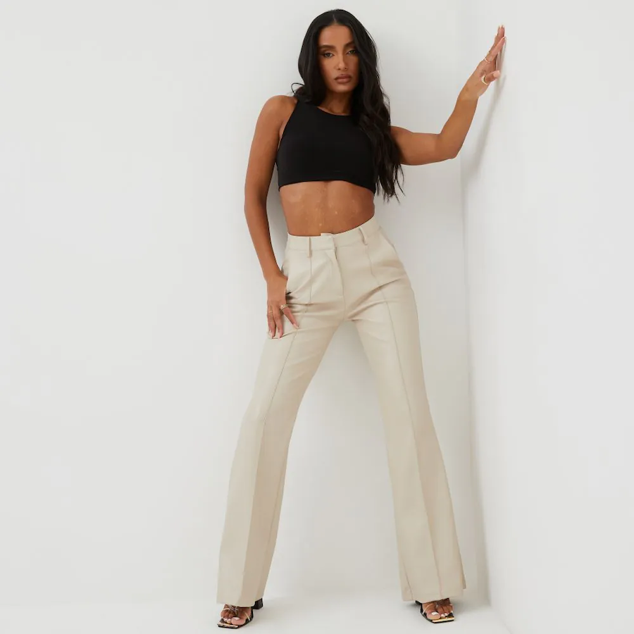 High Waist Wide Leg Nude Faux Leather Trousers
