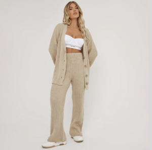 oversized knitted cardigan and flared trouser set in stone