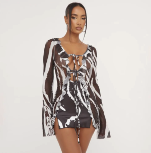 long sleeve black mini dress with zebra print mesh