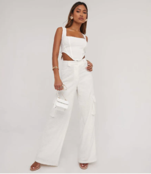white wide leg trousers in borg