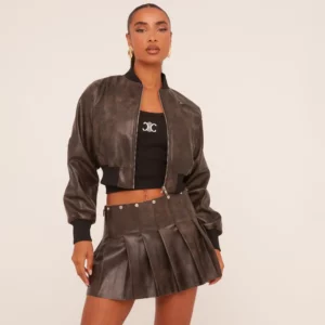 Cropped Bomber Jacket In Brown Faux Leather