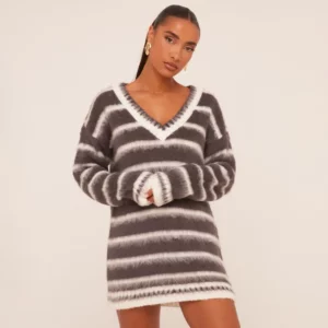 Long Sleeve V Neck Mini Jumper Dress In Grey Stripe Fluffy Knit